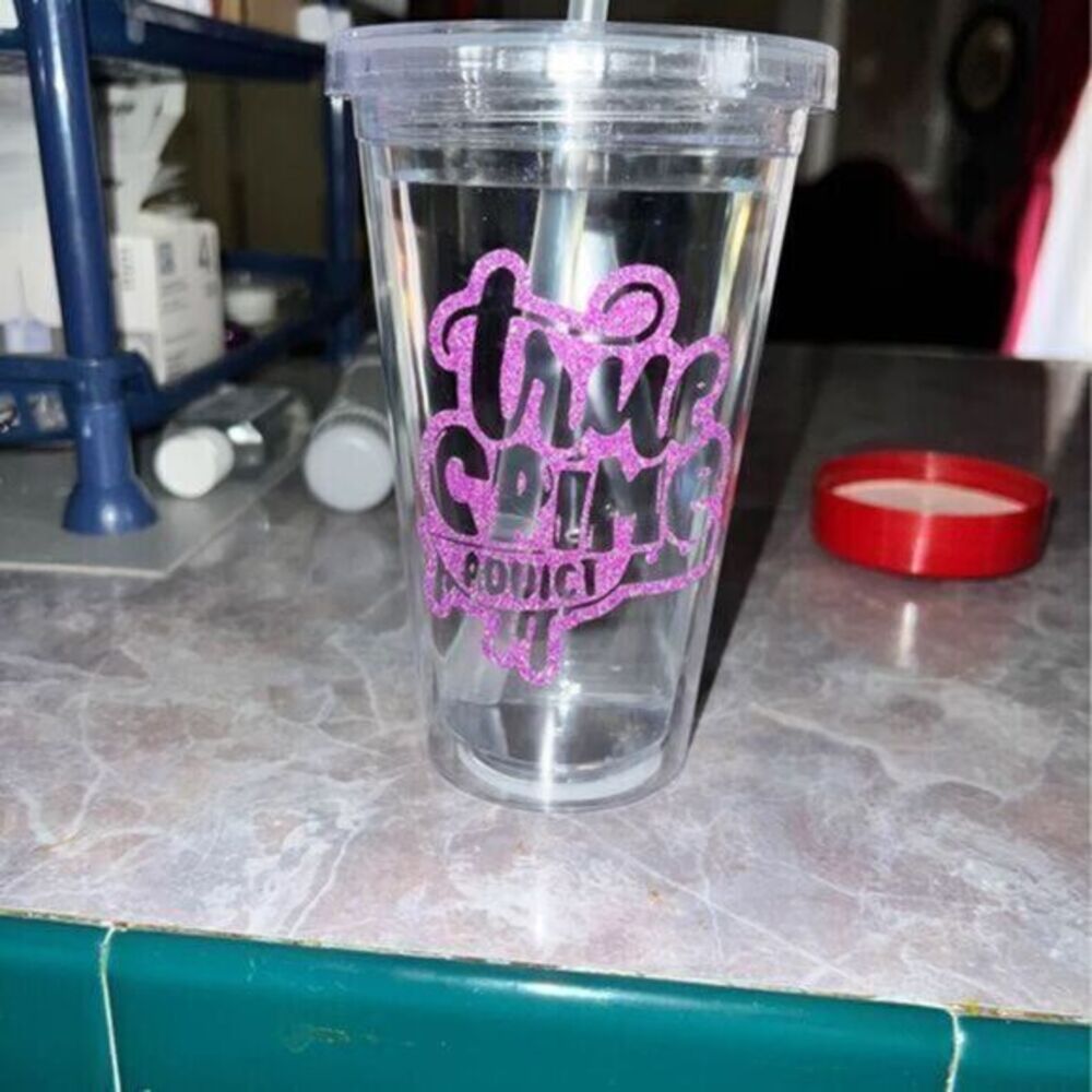 True Crime Addict 16oz Purple Glitter Clear Tumbler